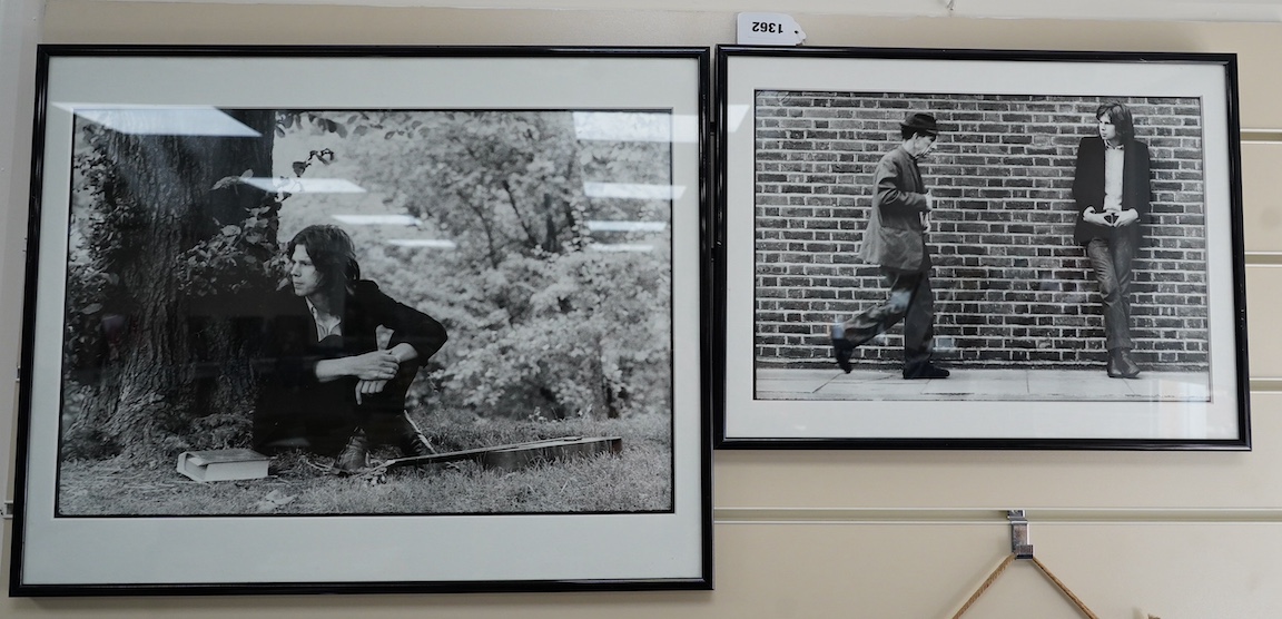 Keith Morris, two framed photographs of Nick Drake (as produced for the exhibition in 2004 at Redfern’s Music Picture Gallery), both initialled ‘KM.04’, larger frame 41cm x 51cm. Condition - good.